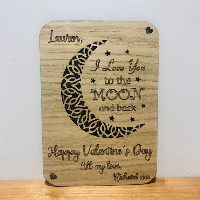 Carte de Saint Valentin en bois &quot;Je t&#39;aime jusqu&#39;à la lune et retour&quot;