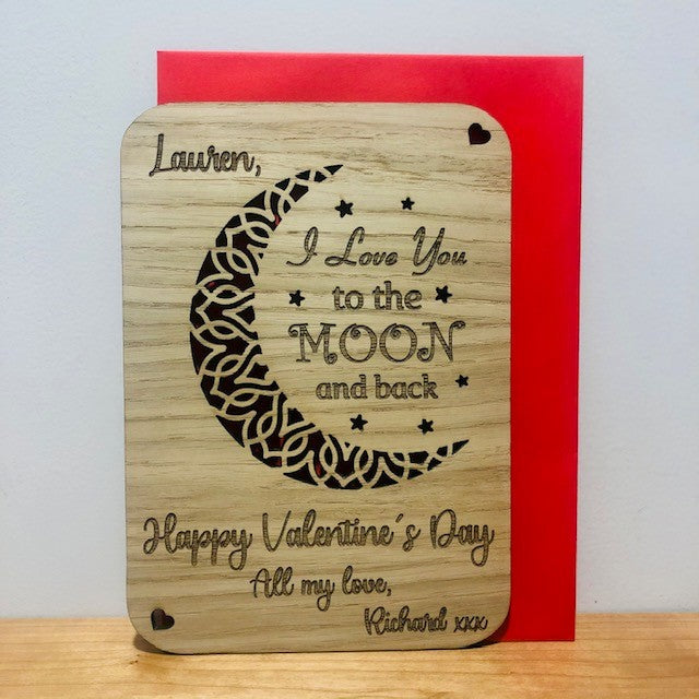 Carte de Saint Valentin en bois &quot;Je t&#39;aime jusqu&#39;à la lune et retour&quot;