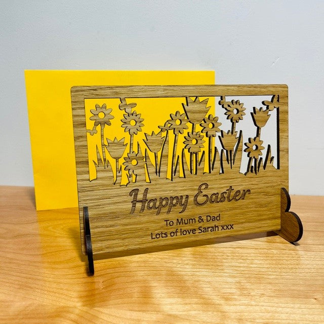 Spring Flowers &#39;Happy Easter&#39; Wooden Card