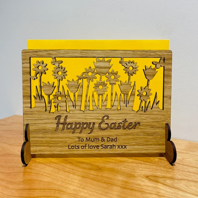 Spring Flowers &#39;Happy Easter&#39; Wooden Card