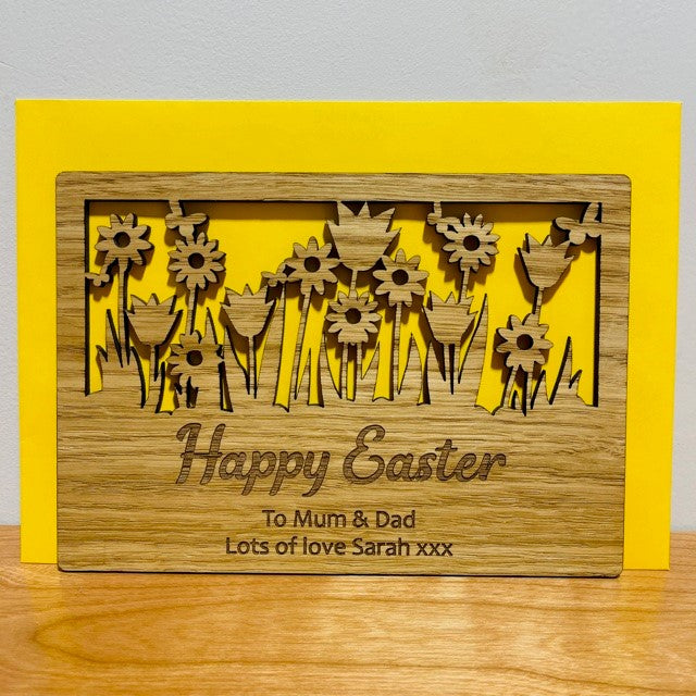 Spring Flowers &#39;Happy Easter&#39; Wooden Card