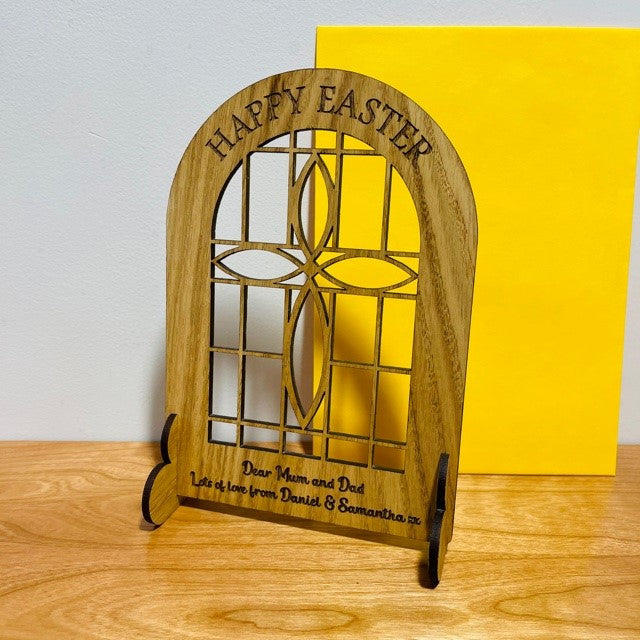 Church Window &#39;Happy Easter&#39; Wooden Card