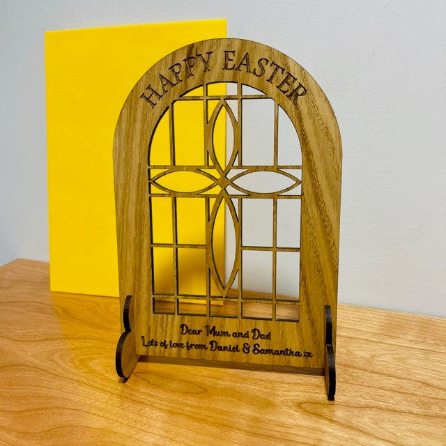 Church Window &#39;Happy Easter&#39; Wooden Card